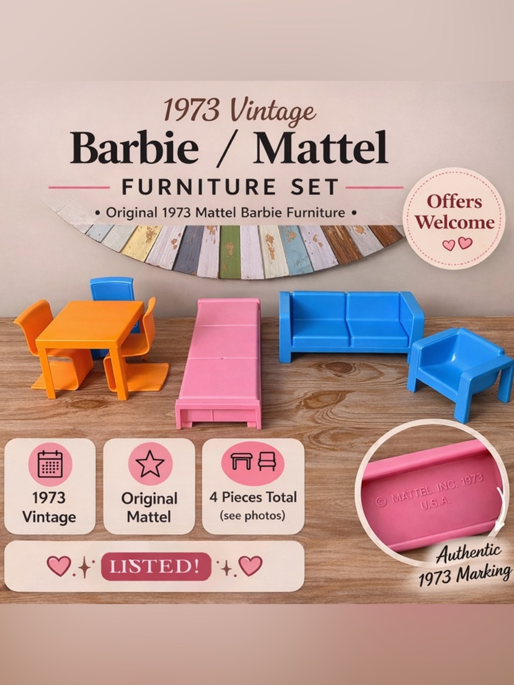 Vintage 1973 Mattel Barbie Furniture Set Mid Century Dollhouse Table Sofa Chairs